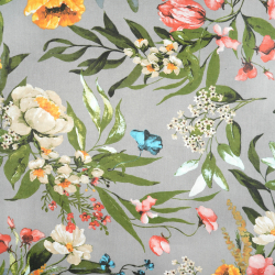 100% Baumwolle mit orangefarbenen Mohnblumen auf grauem Hintergrund - 220cm