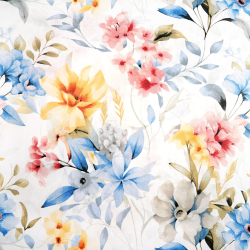 100% Baumwolle Blumen blau-gelb-rosa auf weißem Hintergrund