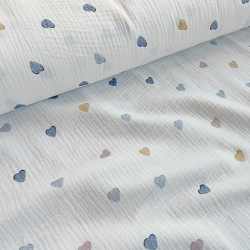 Doppel-Gaze Musselin bedruckt mit Herzen in dunkelblau und senfgelb  