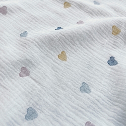 Doppel-Gaze Musselin bedruckt mit Herzen in dunkelblau und senfgelb  