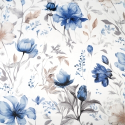 Muster-Satin aus Baumwolle mit blau-beigen Blumen auf weißem Hintergrund  