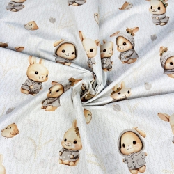 Baumwolle 100% beige Kaninchen mit Vögeln auf weißem Hintergrund  