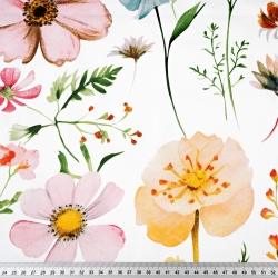Muster-Satin aus Baumwolle mit rosa-apricot-türkisen Wiesenblumen auf weißem Hintergrund  