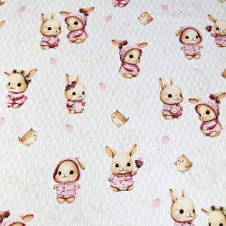 Baumwolle 100% rosa Kaninchen mit Vögeln auf weißem Hintergrund  