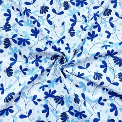 100% Baumwolle Blumen in saphirblau auf weißem Hintergrund  