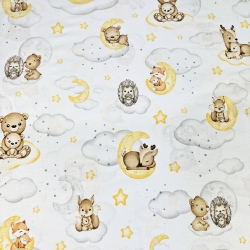 Baumwolle 100% Tiere auf gelben Monden und Wolken auf weißem Hintergrund  