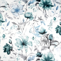 Baumwollsatin mit Blumenmuster in grün und grau auf weißem Hintergrund  