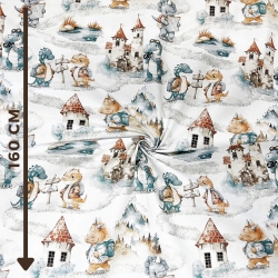 100% Baumwolle Dinosaurier orange-grün auf Ausflug auf weißem Hintergrund  