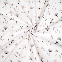 Baumwolle 100% grau-beige Wiesenblumen auf weißem Hintergrund  