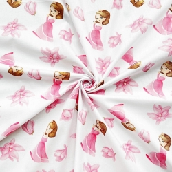 Baumwolle 100% Prinzessinnen mit Blumen rosa auf weißem Hintergrund  