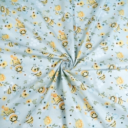 Baumwolle 100% Bienen mit Blümchen auf blauem Wiesengrund  
