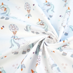 Baumwolle 100% Einhörner und Traumfänger grau-minze auf weißem Hintergrund  