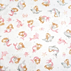 Baumwolle 100% rosa-graue Meerjungfrauen und Delfine  