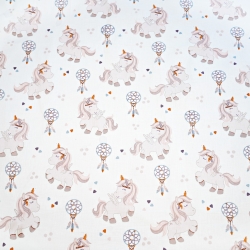 Baumwolle 100% Einhörner und Traumfänger beige auf weißem Hintergrund  