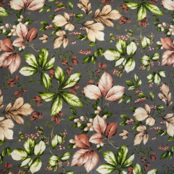 Baumwolle 100% herbstliche Vogelbeerenblätter und -zweige auf dunkelgrauem Hintergrund  