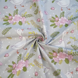 Baumwolle 100% Vögel Gänse mit Blumen auf grauem Hintergrund  