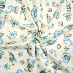 100% Baumwolle Tiere am Meer auf ecrufarbenem Hintergrund  