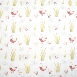 100% Baumwolle Vögel Hühner und Gänse auf weißem Hintergrund  