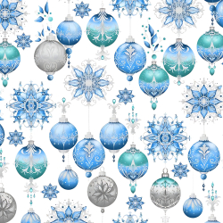 Baumwolle 100% Weihnachtsmuster blaue Kugeln auf weißem Hintergrund  