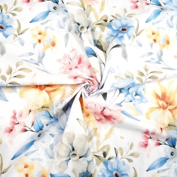 100% Baumwolle blau-gelb-rosa Blumen auf weißem Hintergrund - 220 cm  