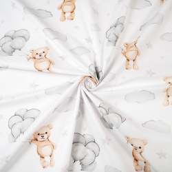 Baumwolle 100% Bären beige mit grauen Ballons auf weißem Hintergrund  