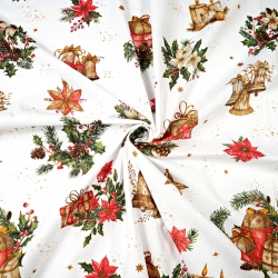 Baumwolle 100% Weihnachtsmuster Geschenke und Glocken auf weißem Hintergrund  