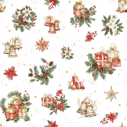 Baumwolle 100% Weihnachtsmuster Geschenke und Glocken auf weißem Hintergrund  