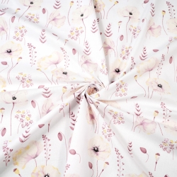 Baumwolle 100% Pastell-Mohnblumen ecru auf weißem Hintergrund  