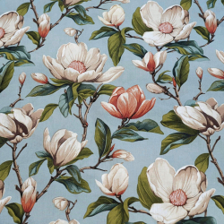 100% Baumwolle beige Magnolienblüten auf blau-grauem Hintergrund - 220 cm  