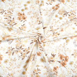 Baumwolle 100% Blumen an Zweigen beige-braun auf weißem Hintergrund  