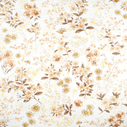Baumwolle 100% Blumen an Zweigen beige-braun auf weißem Hintergrund  