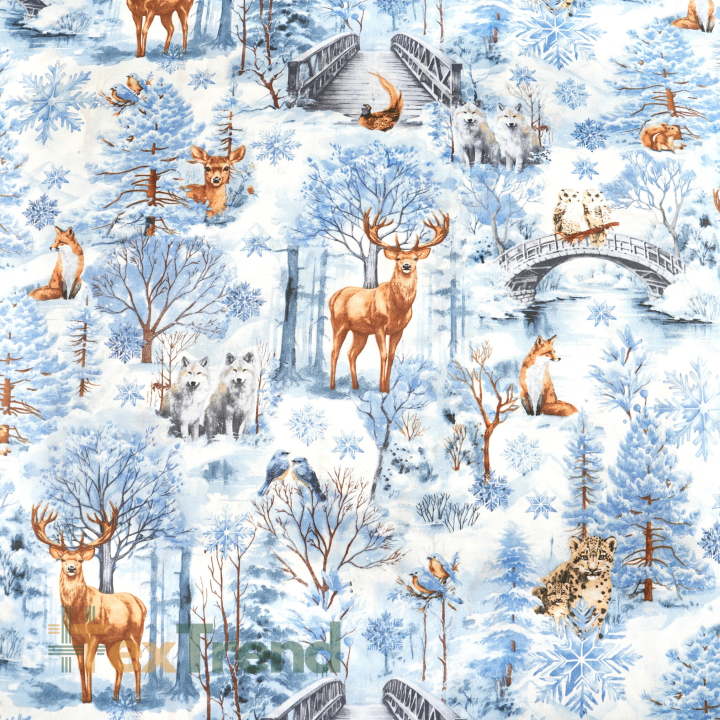Baumwolle 100% Winterwald blau mit Tieren  