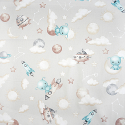 Bawełna 100% kosmos UFO na szaro beżowym tle