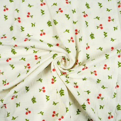 Muślin double gauze drukowany wisienki na ecru tle