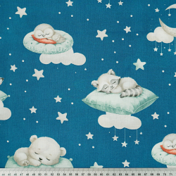 Bawełna 100% zwierzątka śpiące na poduszkach na niebieskim tle