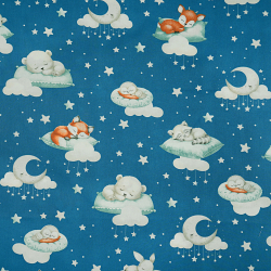 Bawełna 100% zwierzątka śpiące na poduszkach na niebieskim tle