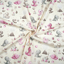 Bawełna 100% dinozaury różowo szare z wulkanem na ecru tle