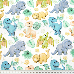 Bawełna 100% dinozaury baby z liśćmi niebiesko pomarańczowe