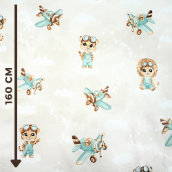 Bawełna 100% zwierzątka piloci turkusowe na beżowym tle