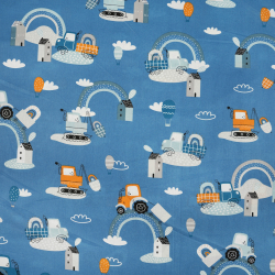 Bawełna 100% samochody koparki z tęczą pomarańczowo niebieskie na niebieskim tle