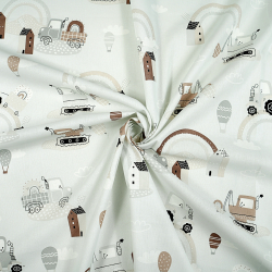 Bawełna 100% samochody koparki z tęczą brązowo beżowe na jasno szarym tle