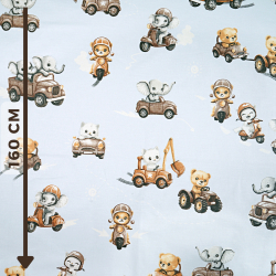 Bawełna 100% zwierzątka na skuterach brązowych na błękitnym tle