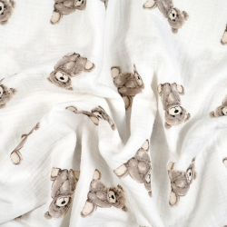 Muślin double gauze drukowany misie beżowe