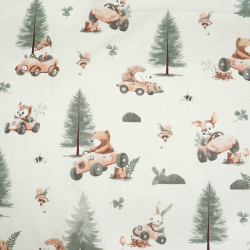 Bawełna 100% zwierzęta rajdowe w lesie na ecru tle