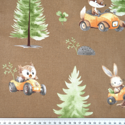 Bawełna 100% zwierzęta rajdowe w lesie na brązowym tle