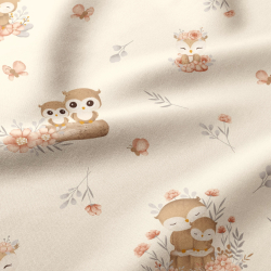 Bawełna 100% sówki z kwiatkami na jasno morelowym tle