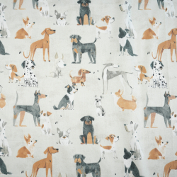 Bawełna 100% pieski rasowe na jasno szarym tle