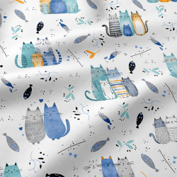 Bawełna 100% kotki turkusowo niebieskie na białym tle