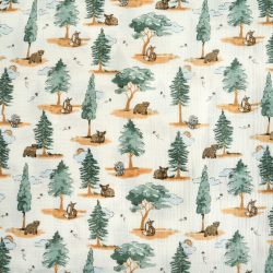 Muślin double gauze drukowany zwierzątka na polanie