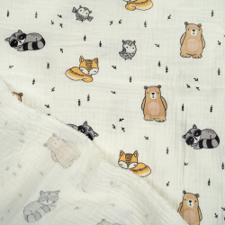 Muślin double gauze drukowany liski i szopy na ecru